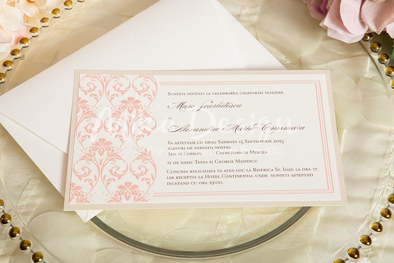 Invitatie nunta ivory cu roz pal